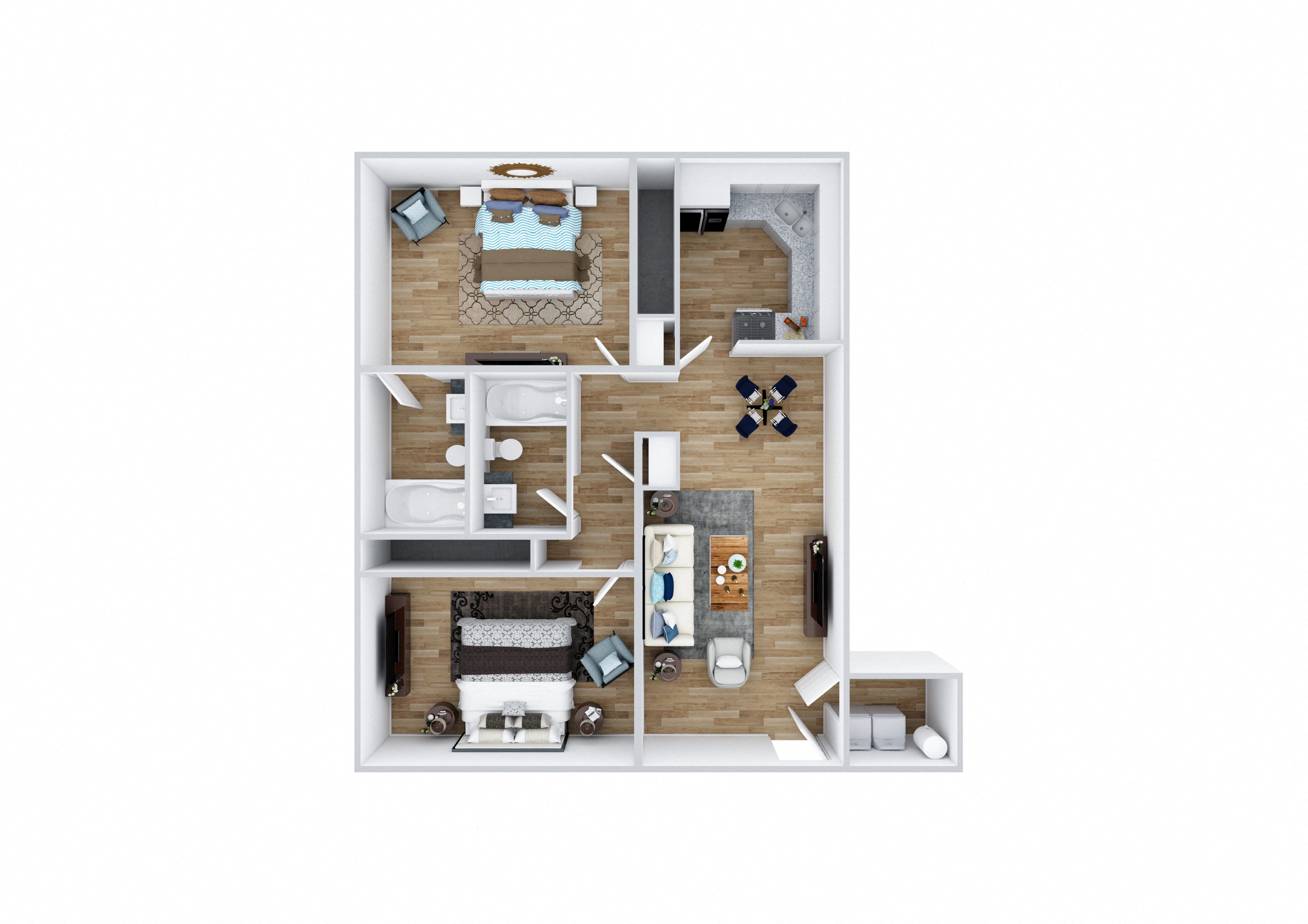 Floor plan for 2 beds, 2 baths, 901 sqft